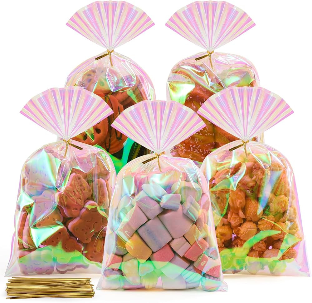 SUREHOME Cellophane Bags, 100Pcs 6x10 In Iridescent Cellophane Treat Bags with Ties Holographic C... | Amazon (US)