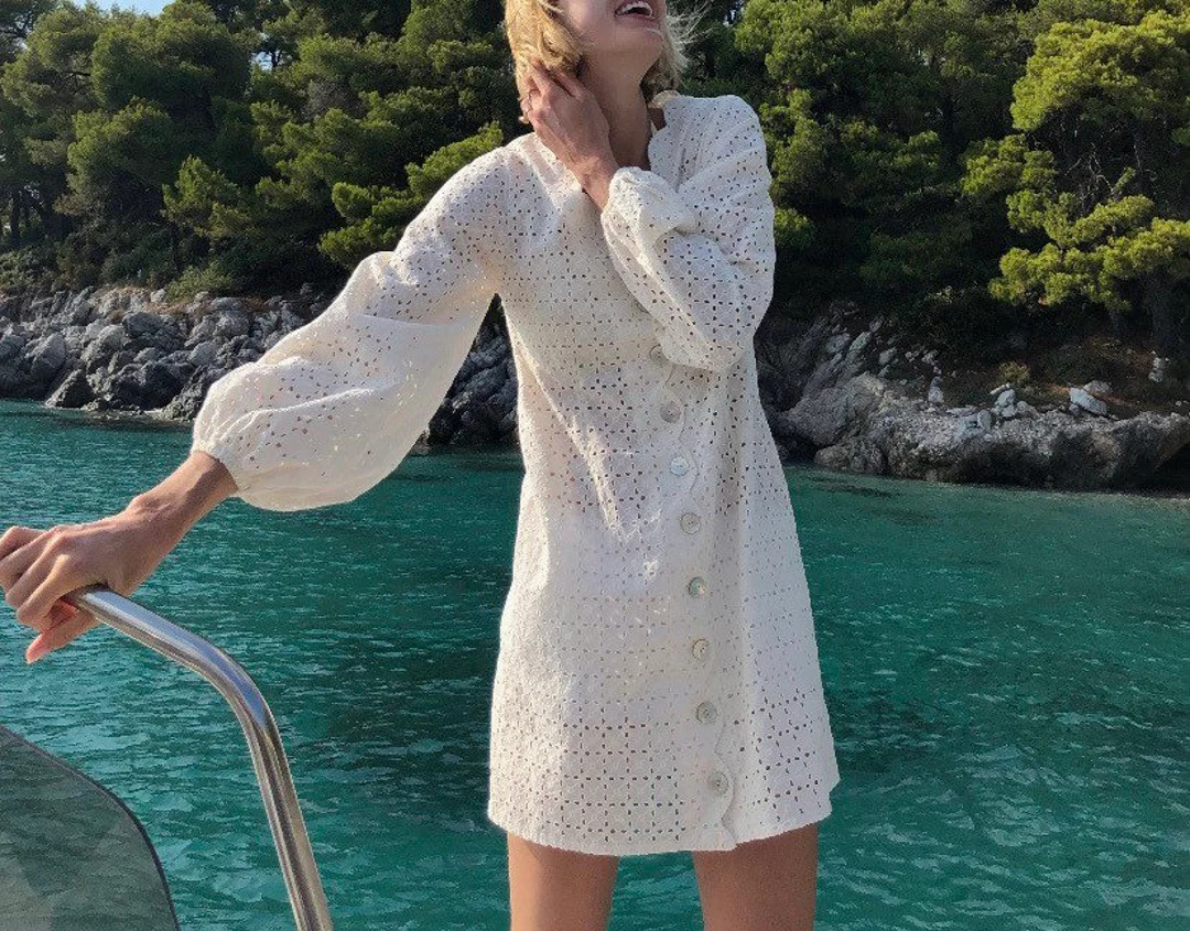 70s White Cotton Eyelet Lace Dress Mini Shirt Dress With Balloon Sleeves White Mini Cotton Lace D... | Etsy (US)