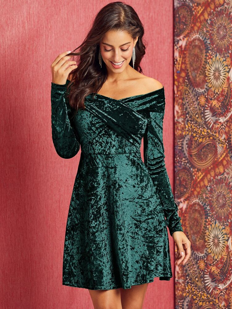 SBetro Cross Wrap Bardot Velvet A-line Dress | SHEIN