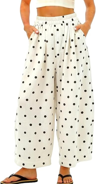 chouyatou Women Summer Boho Cotton Linen Polka Dot Pants Beach Elastic Waist Palazzo Wide Leg Bar... | Amazon (US)