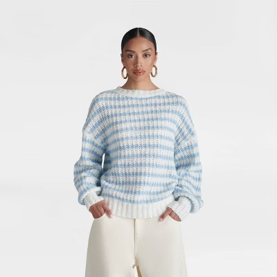 KBB by KAHLANA Women's 'The Oversized Drop Shoulder Crewneck Pullover Sweater' - Cream/Blue | Target