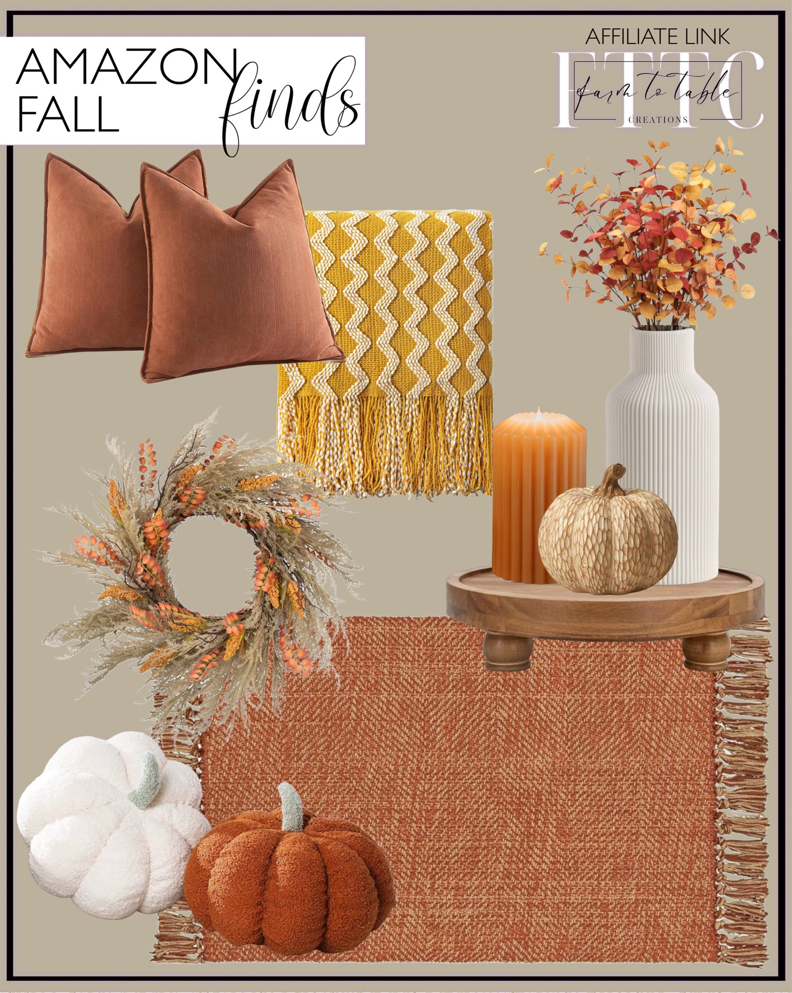Amazon Fall Home Finds. Follow @farmtotablecreations on Instagram for more inspiration.

Knitted Throw. Pumpkin Pillows. Ceramic Pumpkins. Fall eucalyptus stems. Wood Riser. Burnt Orange colored pillow covers. White ceramic vase. Fall Wreath. Woven rug. 

Bedroom Space | Home Decor | Halloween Decorations | Bedroom corner | Coffee Table Decor | Fall Decor | Fall Stem Sale | Target Finds | Skinny Bench | Bedroom | Living Room | Breakfast Nook | Amazon Home | Target Sale | Loloi Rugs | Magnolia Home | console table | console table styling | faux stems | entryway space | home decor finds | neutral decor | entryway decor | cozy home | affordable decor |  home decor | home inspiration | fall stems | fall console | fall vignette | fall decor | fall decorations | console styling | entryway rug | cozy moody home | moody decor | neutral hom








#LTKHome #LTKSaleAlert #LTKFindsUnder50