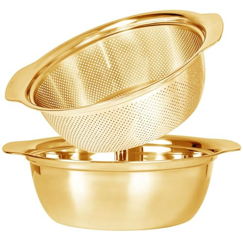 304 Stainless Steel Microporous Colander with Handle, Rice Washers Microporous Strainer Set For washing vegetables, fruits and rice, and draining cooked pasta(3.5QT with handle-Gold) | Amazon (US)