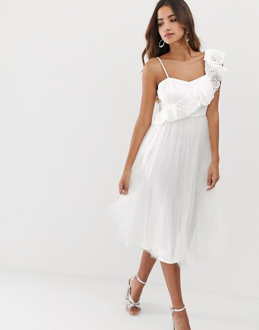 ASOS DESIGN one shoulder broderie ruffle tulle midi dress | ASOS US