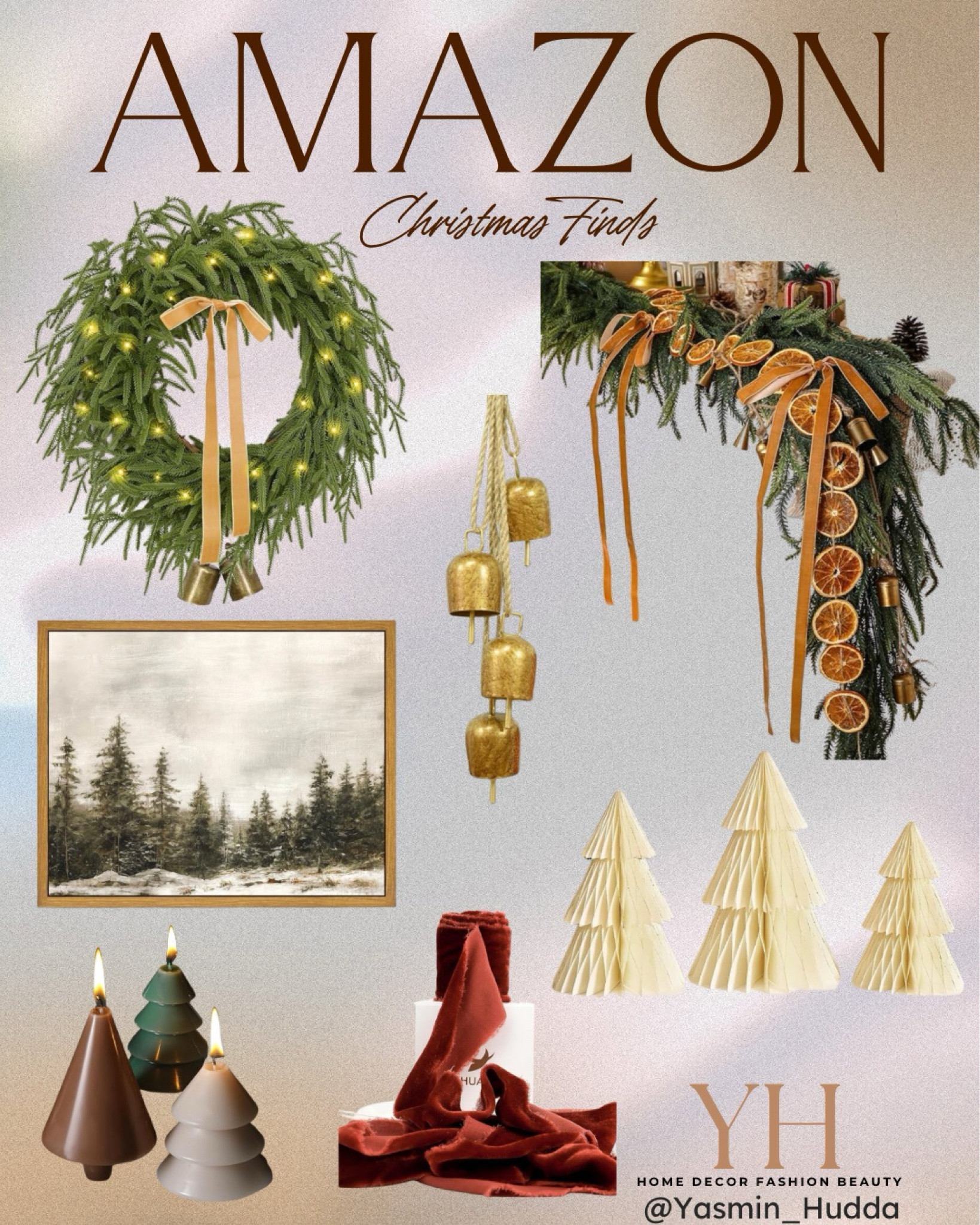 Amazon holiday decor finds.
Christmas Wreath 
Dried Orange slices garland 
Paper tree set of 3
Tree shaped Candles 
Rust red ribbons
Christmas bells
Christmas Canvas Framed wall art 
Amazon holiday finds 

#LTKHoliday #LTKHome #LTKSeasonal