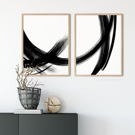 Set of 2 Abstract Brush Strokes Wall Art Black and White | Etsy | Etsy (US)
