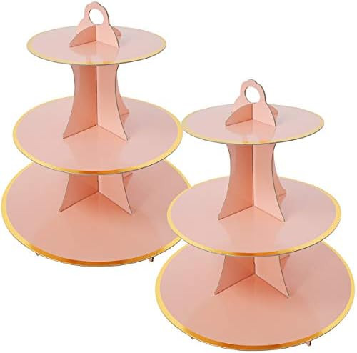 2 Set Pink Gold 3-Tier Round Cardboard Cupcake Stand for 24 Cupcakes Perfect for Girls Pink and Gold | Amazon (US)