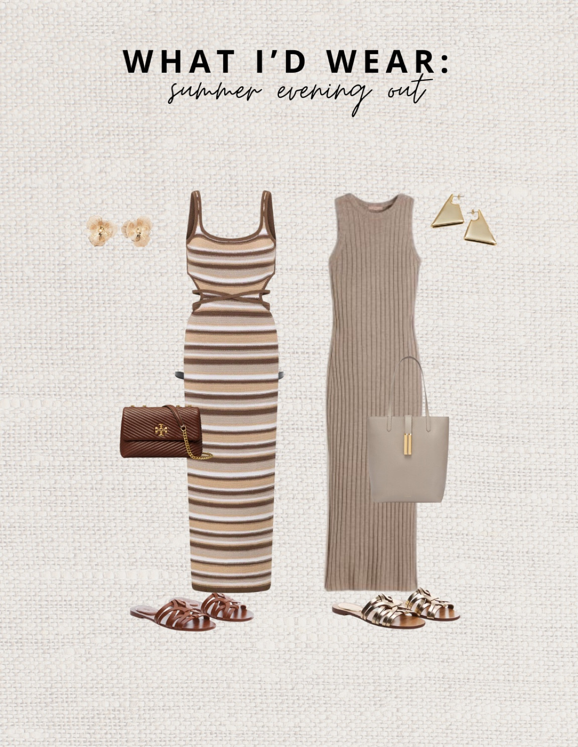 What I’d wear: Summer evening out. 

Read the size guide /size reviews to pick the right size. Leave a 🖤 to favorite this post and come back later to shop. 

outfit inspiration, summer style, summer dress, Tory Burch, DeMellier, The Vancouver tote, small Kira moto crossbody bag, flower shaped earrings, geometric earrings, gold jewelry, rib knit dress, H&M, leather strap sandals, Mango, London knit dress, Sabo skirt, midi dress. 

#LTKSeasonal #LTKstyletip #LTKeurope