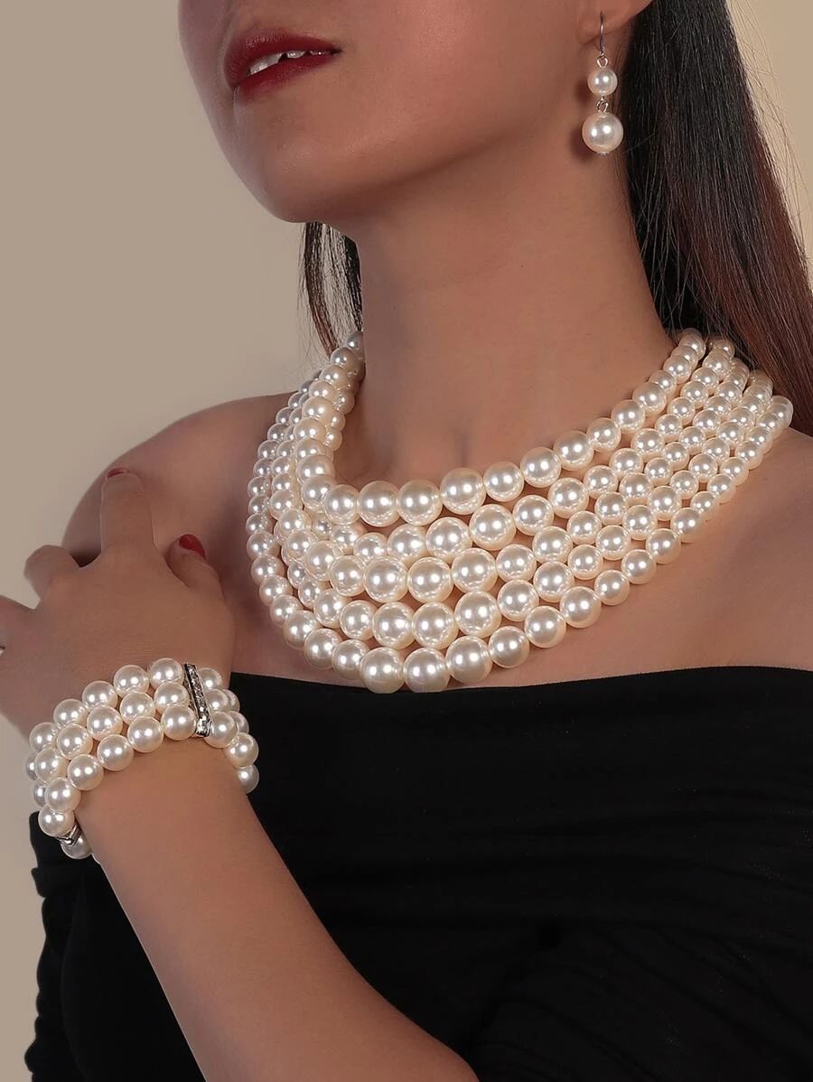 1pc Faux Pearl Beaded Necklace & 1pc Bracelet & 1pair Earrings | SHEIN