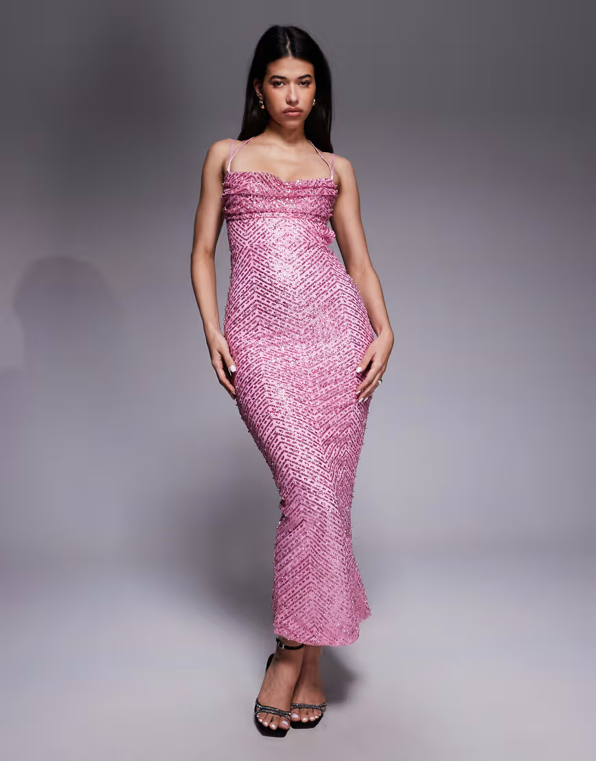 Oh Polly glitter embellished cowl neck cut out back maxi dress in pink | ASOS (Global)
