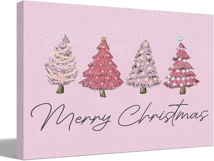 BIWSHA Pink Christmas Wall Art, Merry Christmas Trees Canvas Prints, 11x14 - Home Decoration for ... | Amazon (US)