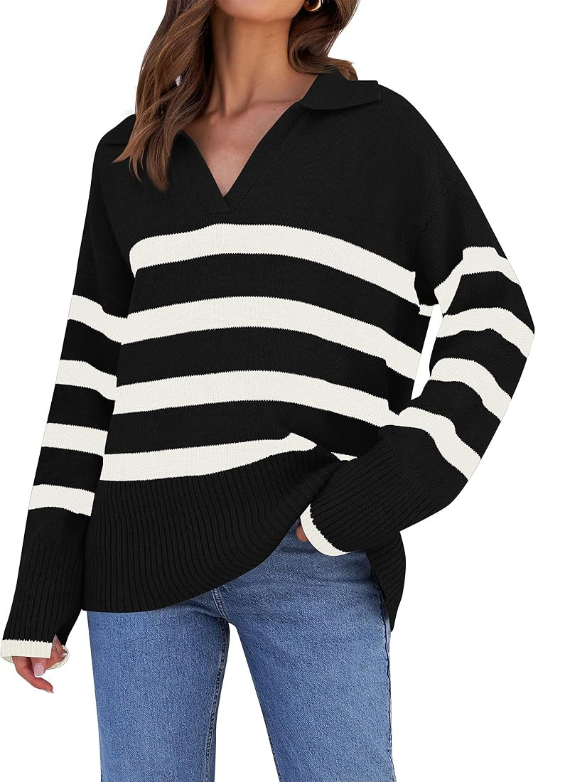 ZESICA Women's 2023 Winter Striped Sweaters Lapel V Neck Long Sleeve Chunky Knit Oversized Pullov... | Amazon (US)