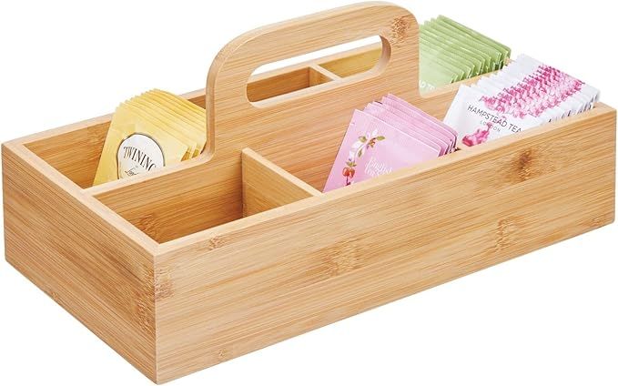 mDesign Bamboo Wood Compact Tea Storage Organizer Caddy Tote Bin - 6 Divided Sections, Attached H... | Amazon (US)