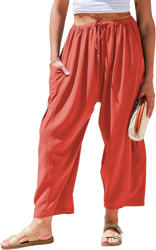 TARSE Womens Linen Wide Leg Pants Casual Palazzo Harem Pants with Pockets | Amazon (US)