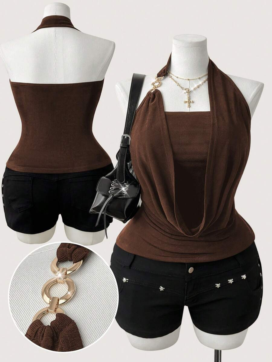 Sunspun Plus Size Women's Halter Neckline High Elasticity Elegant Vacation, Date, Party Blouse Bo... | SHEIN