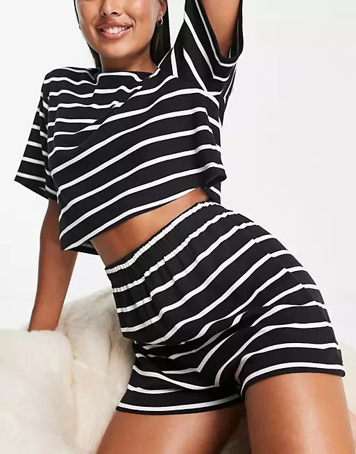 ASOS DESIGN mix & match ribbed stripe pajama shorts in black & white | ASOS (Global)