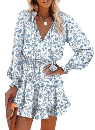Dokotoo Spring Dresses for Women Casual Sexy Deep V Neck Ruffle Chiffon Floral Print Easter Dress Western Outfit Long Sleeve Elegant Empire Waist Flowy Mini Short Skirt Sun Dresses Party 2025 Medium | Amazon (US)