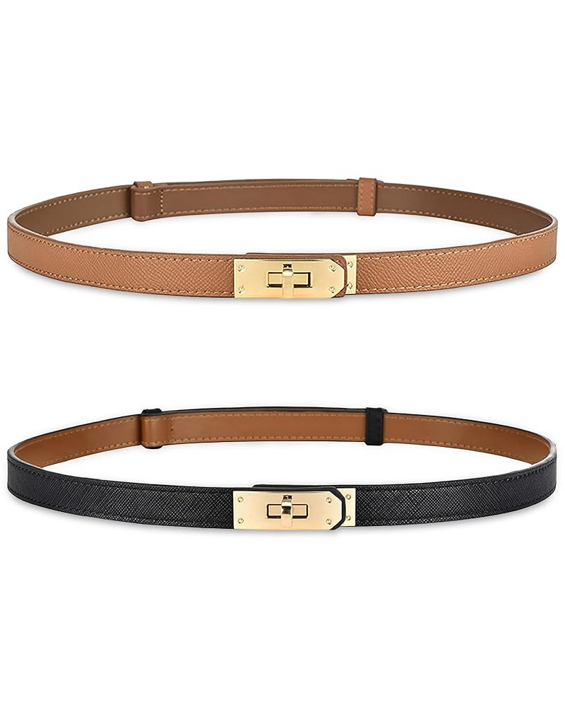 Women's Skinny Leather Belt with Adjustable Silver Turn-Lock Buckle - Ideal for Dresses, Jeans, a... | Amazon (US)