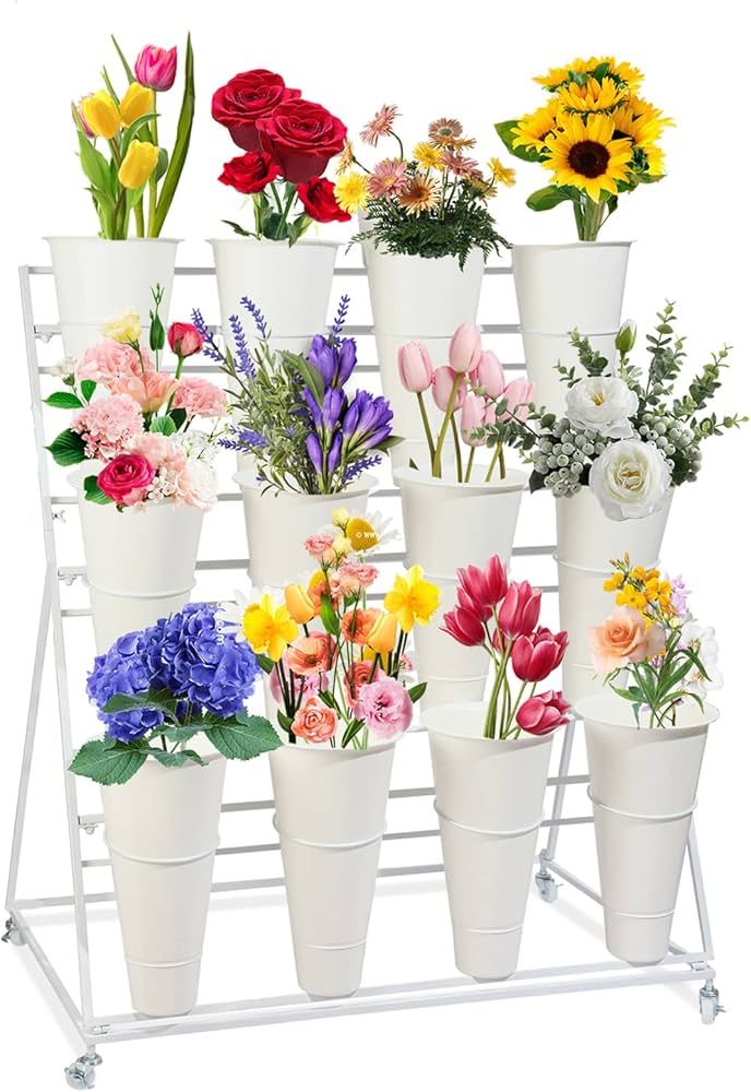 Flower Display Stand with Buckets, 3 Layers Metal Plant Stand, Moving Florist Bouquet Shelf for F... | Amazon (US)