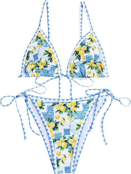 ZAFUL Women's Triangle Bikini Tie Side Whip Stitch String Bikini Two Piece Swimsuit Bathing Suits | Amazon (US)