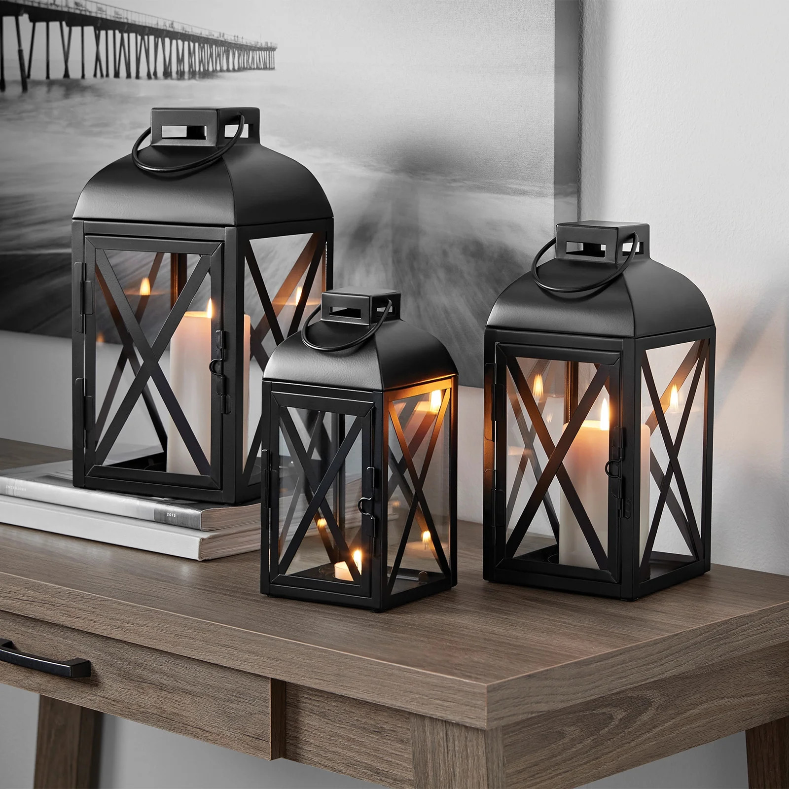 Mainstays 14" Decorative Black Metal Pillar Candle Holder Lantern, Large | Walmart (US)