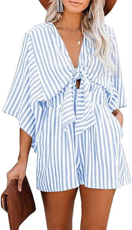 utcoco Womens Casual Shorts Rompers Half Sleeve Tie Waist Striped Jumpsuits for Women | Amazon (US)