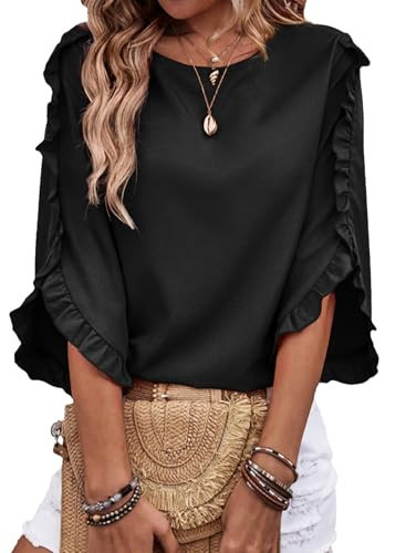EVALESS 3/4 Length Sleeve Womens Tops Dressy Casual Blouses Cute Crewneck Ruffle Sleeve Shirts Fashion 2026 Spring Summer Outfits Business Work Tops Black Medium | Amazon (US)