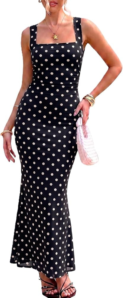 BORIFLORS Women's Square Neck Ruched Bodycon Maxi Dress | Amazon (US)