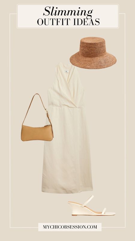 Try this slimming outfit for summer: pair a wrap dress with a flattering v-neck alongside wedge sandals, a shoulder bag, and a straw hat.

#LTKSeasonal #LTKStyleTip