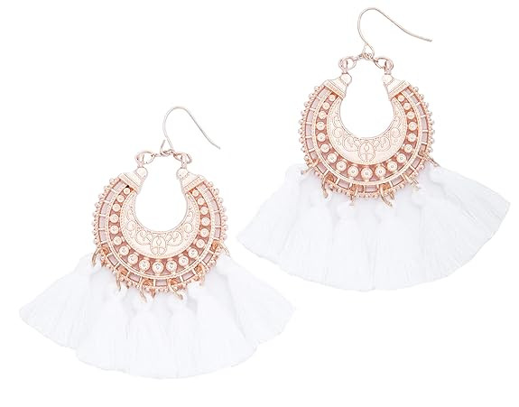 Rose Gold Tassel Earrings: Pink fringe gifts for women. Fashion drop dangle tassle earing by BLUS... | Amazon (US)