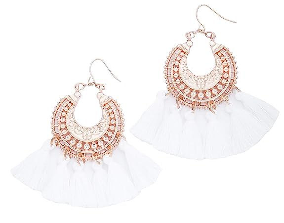 Rose Gold Tassel Earrings: Pink fringe gifts for women. Fashion drop dangle tassle earing by BLUS... | Amazon (US)
