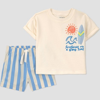 Carter's Just One You® Baby Boys' 2pc Striped Surfboard T-Shirt and Shorts Set - Ivory/Blue Newborn | Target