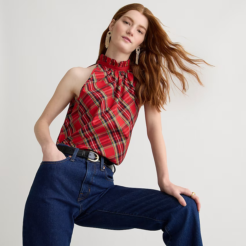 Ruffleneck sleeveless cotton poplin top in Good Tidings plaid | J. Crew US