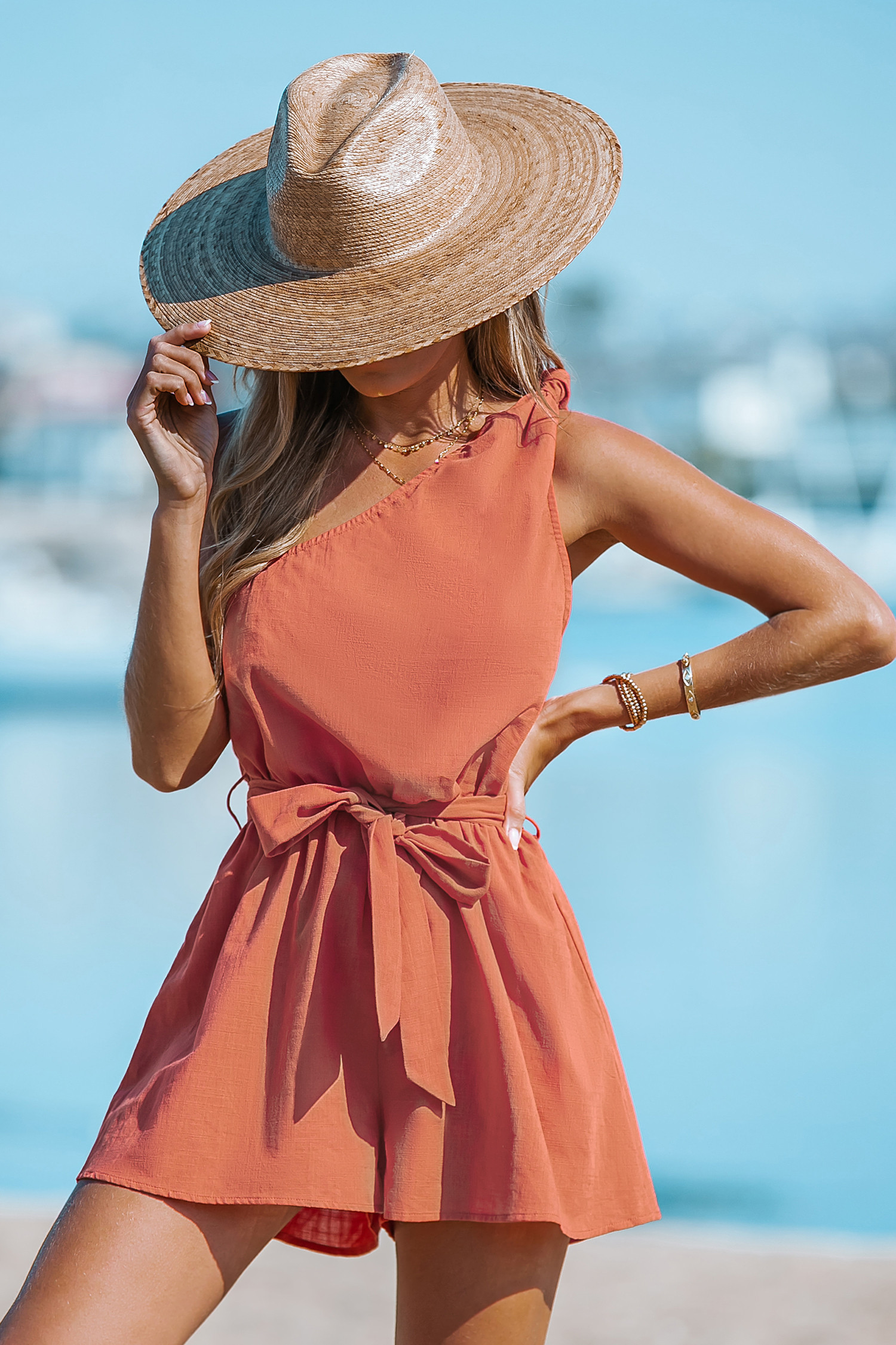 Belted Knotted One-Shoulder Romper | Cupshe US
