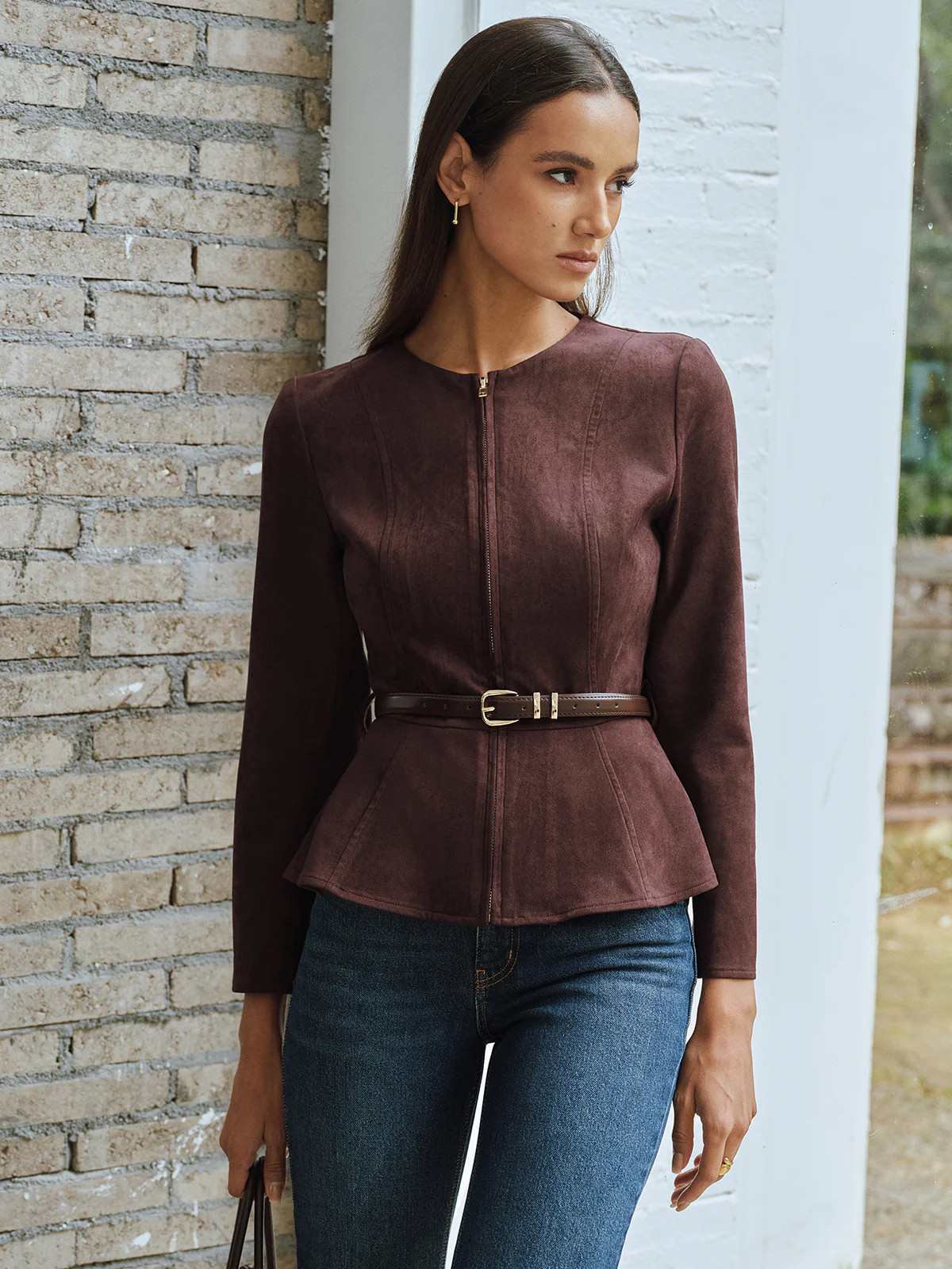 Belted Suede Effect Zipper Jacket | Commense