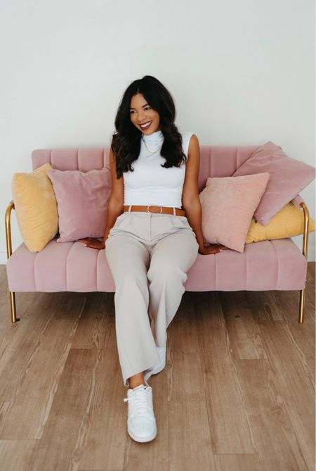 Outfit inspo- Abercrombie Sloane tailored pants/ curve love 28/6 long-amazon mock neck ruched top- affordable fashion- neutral style- size small top- belts 

#LTKfindsunder100 #LTKstyletip #LTKSpringSale