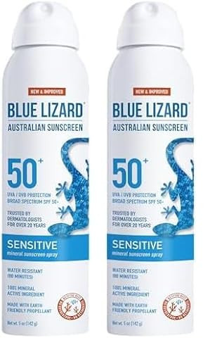 Blue Lizard Sensitive Mineral Sunscreen Spray SPF 50+, Dermatologist-Recommended Brand, Broad-Spectrum UVA/UVB Protection, Water-Resistant, Zinc Oxide Formula, 5 fl oz (Pack of 2) | Amazon (US)