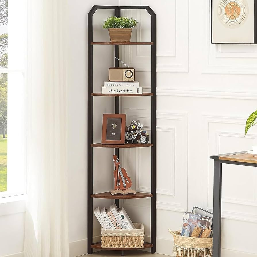 Corner Shelf, 5-Tier Industrial Corner Bookshelf, Freestanding Corner Shelf Stand with Metal Fram... | Amazon (US)