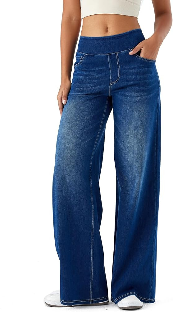 Large Wide Leg Jeans for Women,High Waisted and Slimming with Multiple Pockets,High Elasticity Ca... | Amazon (US)