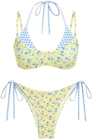 ZAFUL Women's Polka Dot Bikini Set Double Layer Halter Swimsuit Colorblock Side Tie 2 Piece Bathi... | Amazon (US)