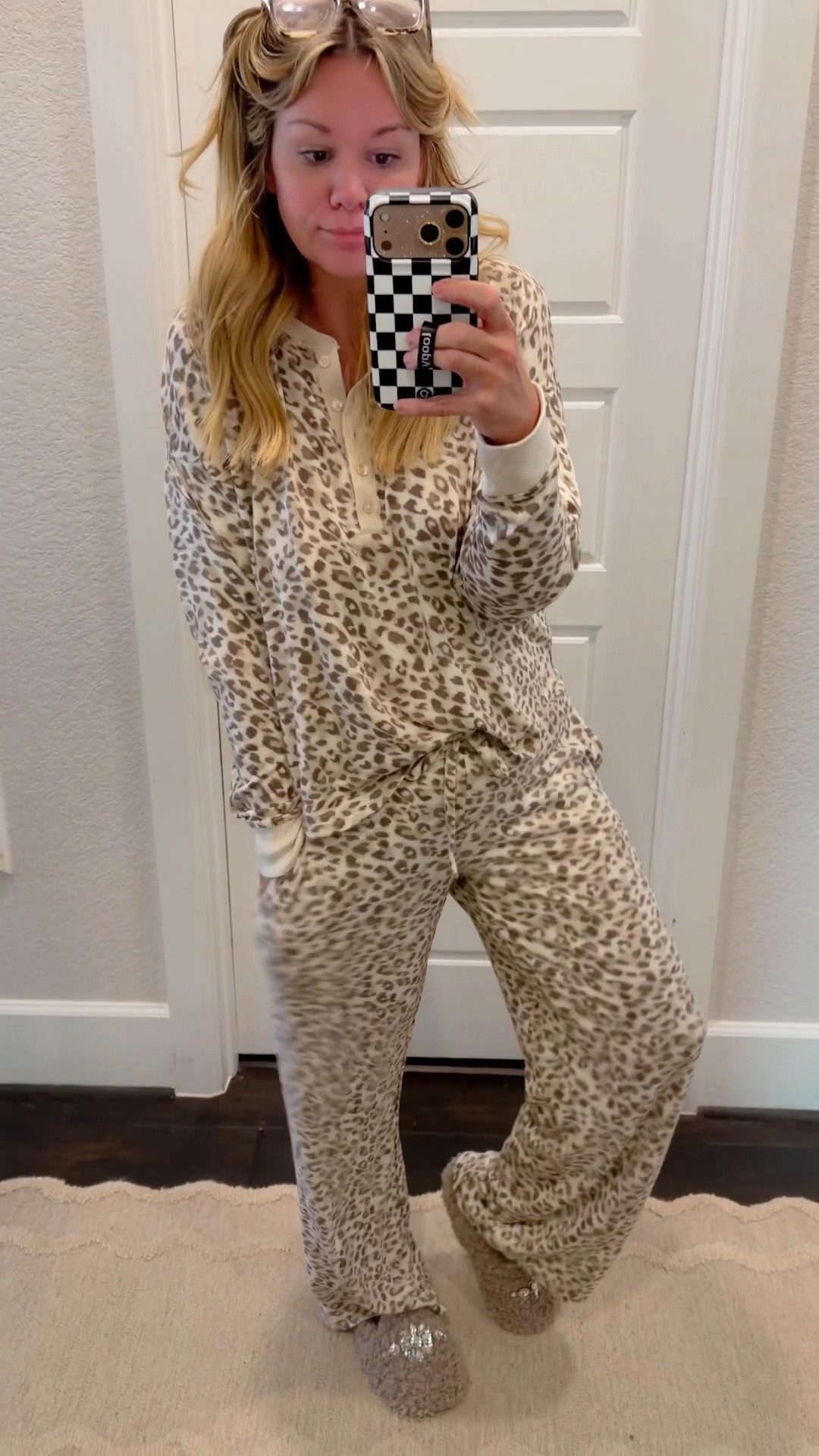 Top: sized up to a large 
Bottoms: tts medium 
Slippers with diamonds: size up 
Leopard slippers tts
