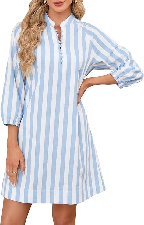 YEXPINE Womens Summer Cotton Striped Mini Dress Casual Beach Vacation Button Down 3/4 Sleeve Tuni... | Amazon (US)