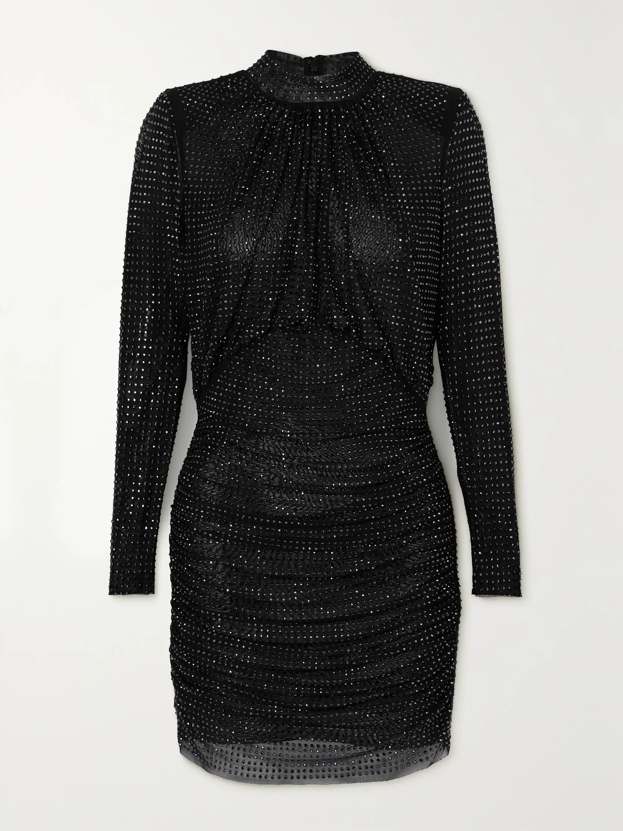 Gathered crystal-embellished stretch-mesh mini dress | NET-A-PORTER (US)