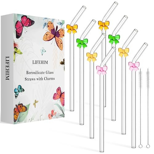 Cute Glass Straws with Charms：Reusable Glass Straws Bent - Decorated with Colored Bows for 16 & 20 oz Tumblers - Eco Friendly Glass Drinking Straws for Cocktails, Coffee & Fun Drinks | Amazon (US)