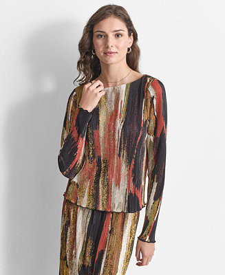 DKNY Women's Printed Crewneck Long-Sleeve Plissé Top - Macy's | Macy's