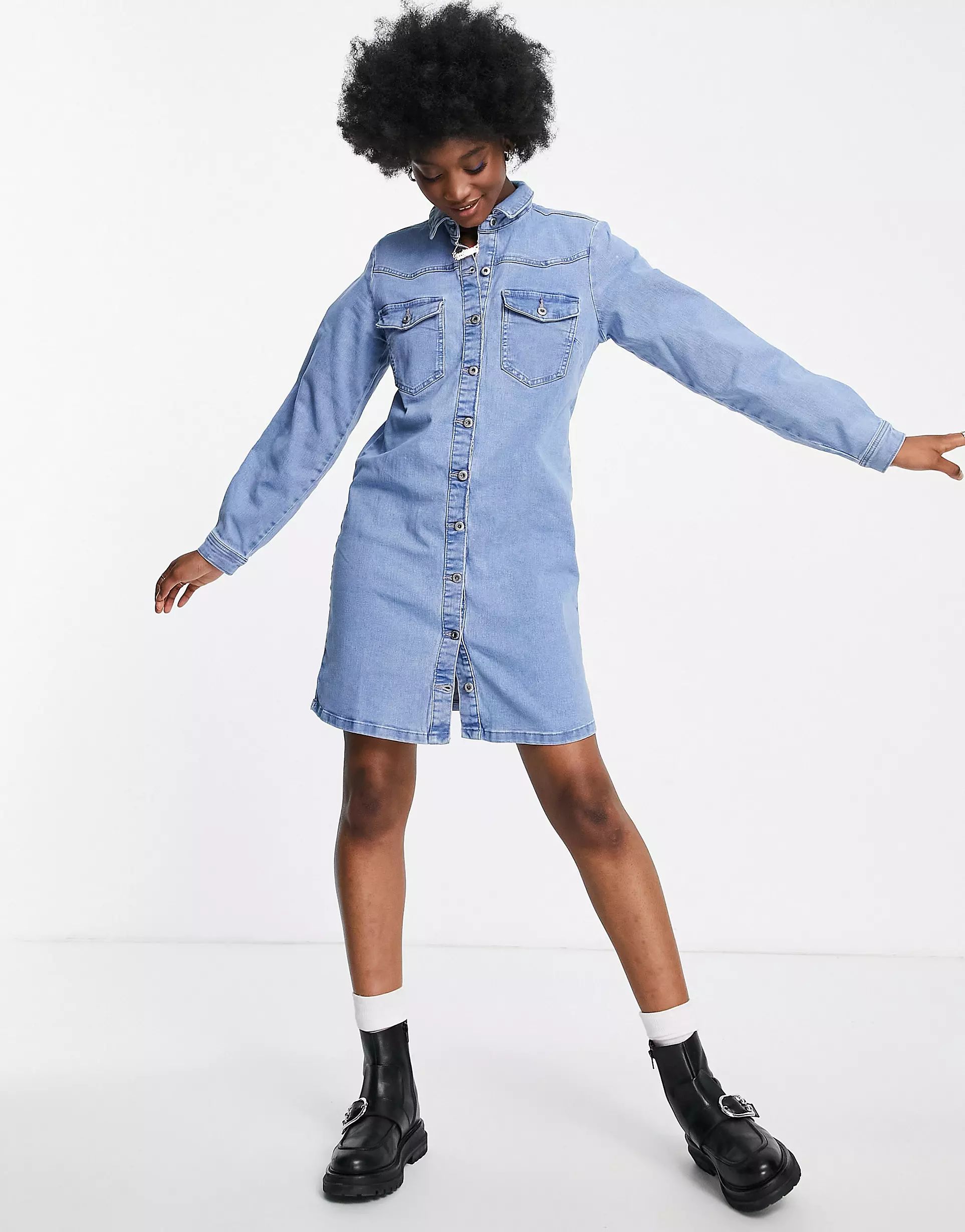 Pieces button front mini shirt dress in light blue denim | ASOS (Global)