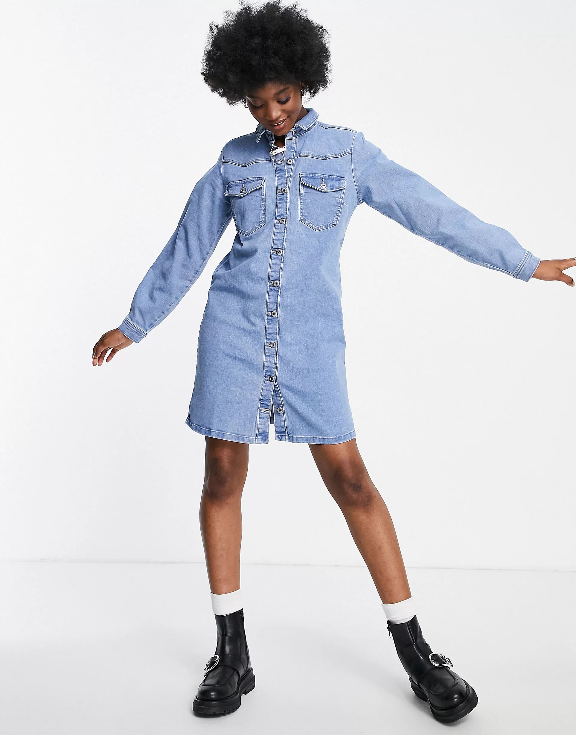 Pieces button front mini shirt dress in light blue denim | ASOS (Global)
