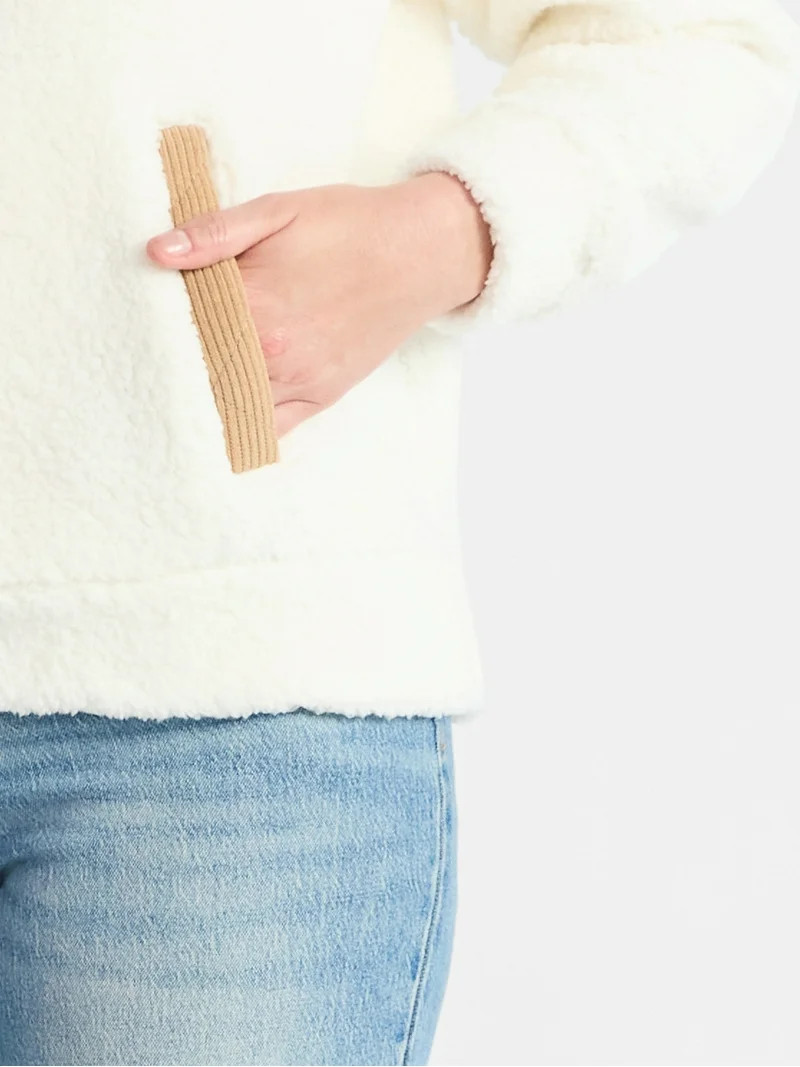 Time and Tru Women's Plush Fleece Quarter Zip Jacket with Corduroy Trim, Lightweight, Sizes XS-XX... | Walmart (US)