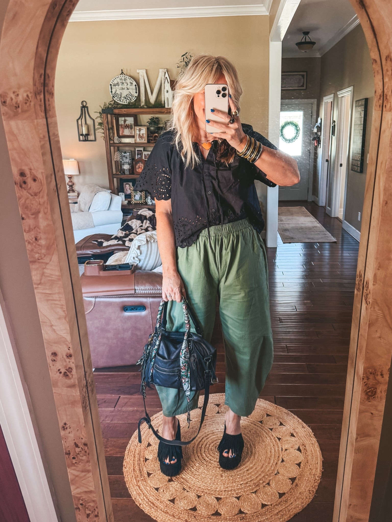 Amazon comfy pants with a barrel style - size M
Top - size M
Sandals true to size 
Save on earrings w/ code MANDIE 
Save on necklace w/ code MANDIE 

#LTKOver40 #LTKgrwm #LTKootd