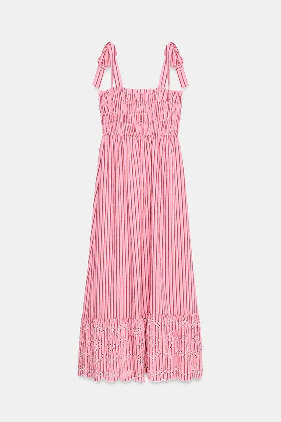Midi dress with a straight neckline and tie straps. Featuring elasticated shirring and a hem with... | Zara UK